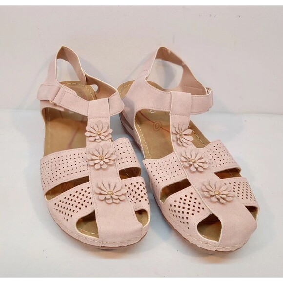 Pink Floral Perforated Wedge Sandals Women’s Size 6 Hook & Loop Comfort Shoes - Picture 3 of 8